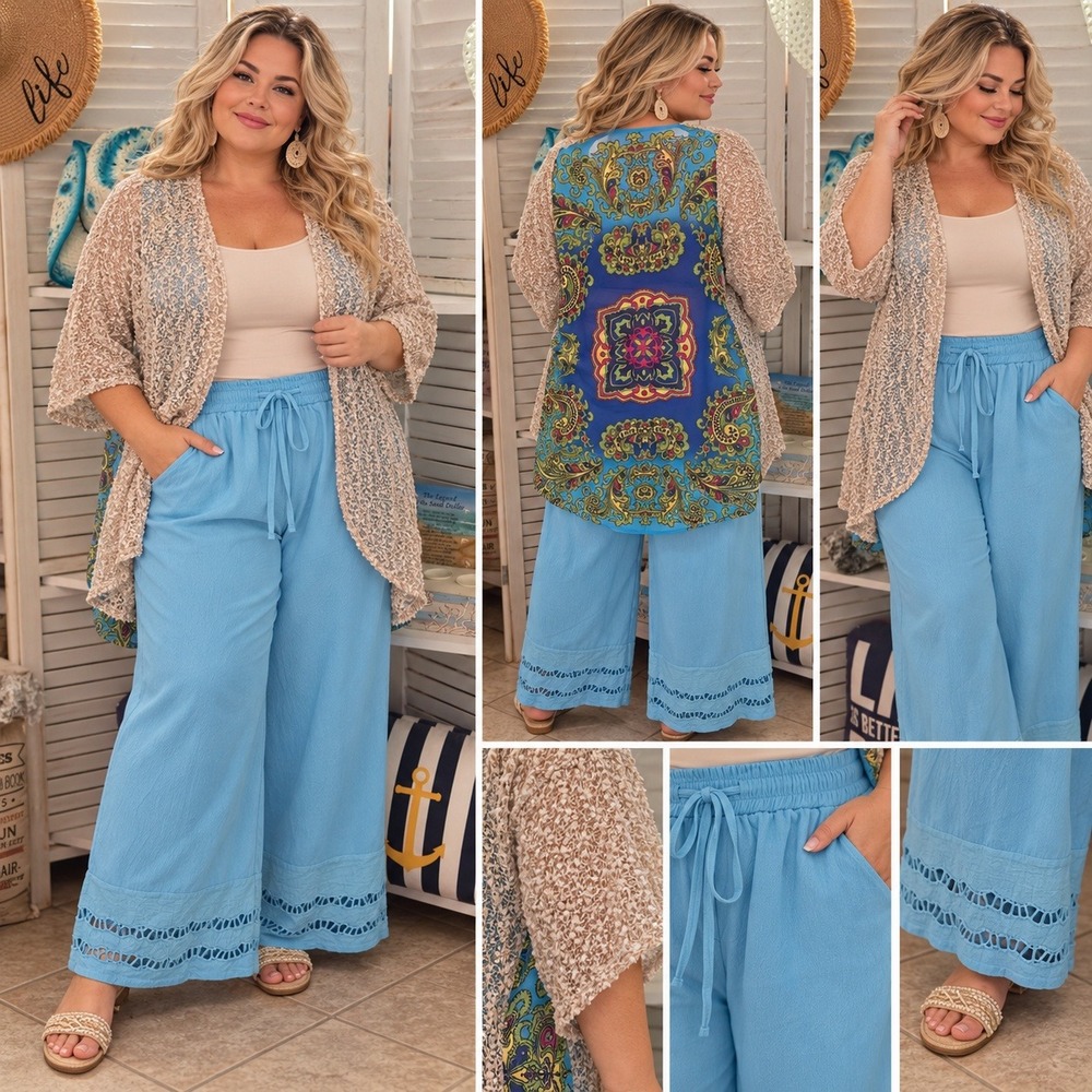 57. Paolino Blue Paisley Cardigan & Wide Leg Eyelet Pants Set Plus Size Boho